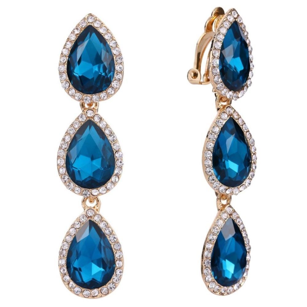 Yellow Gold with Lake Blue Topaz and Diamond Austrian Crystal Clip On Earrings